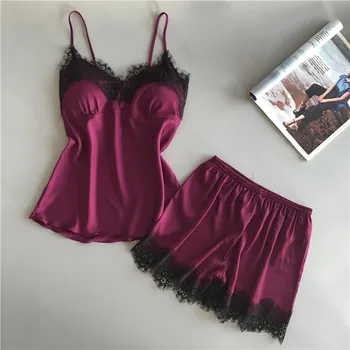 

Women's Sleepwear Sexy Satin Pajama Set Ladies Nightwear combinaison Lingerie Sleeveless Cute Cami Top and Shorts Underwear sets