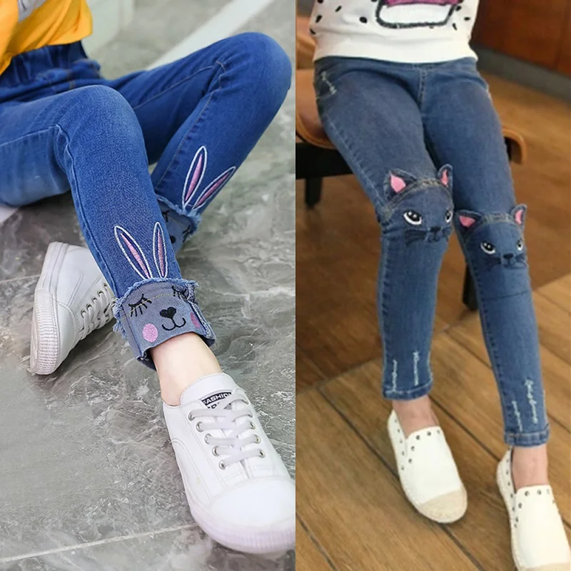Kidlove Модные осенние джинсы для девочек длинные штаны джинсы с кроликом и вышивкой котенка