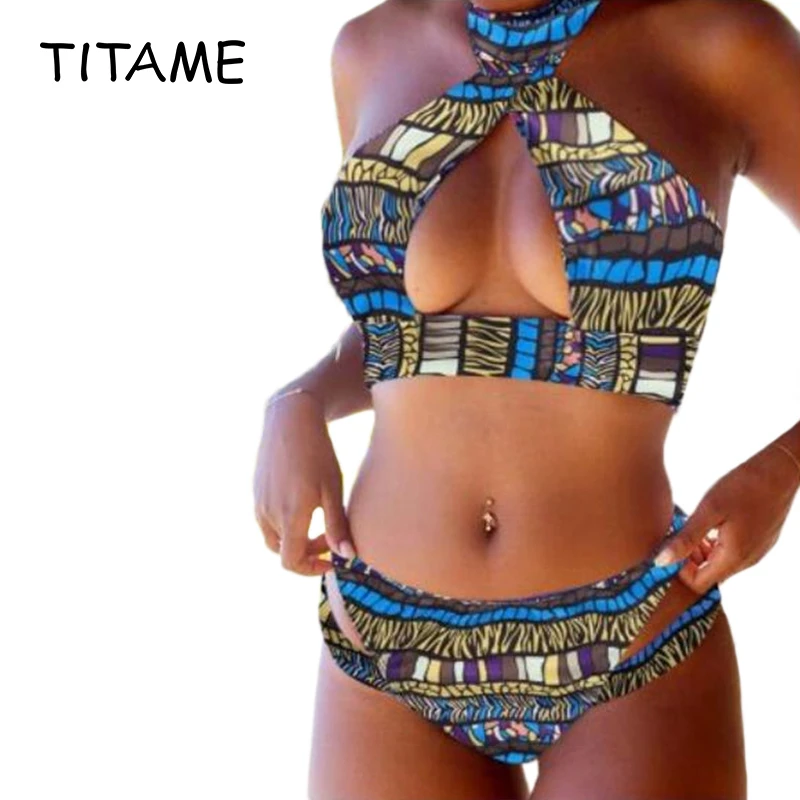 

Sexy Women's Ethnic Color Print Open Chest Halter Bikini Set Push-Up Padded Bra Swimsuit Hollow Split Floral Bra Brief Swimwear