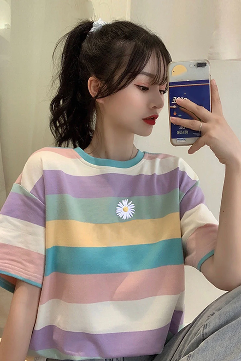 Woman Tshirts Rainbow Striped Short-Sleeved T-shirt for Women Summer Loose Sleeves T-shirt Jacket Tops Mujer Camisetas white t shirt women