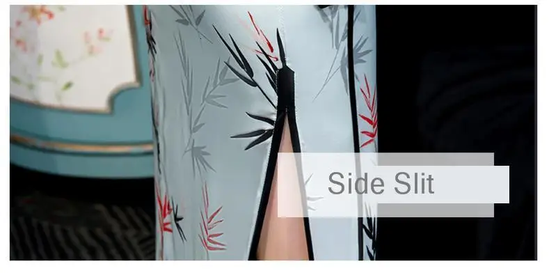 Sheng Coco женское синее длинное китайское винтажное шелковое платье Cheongsam с высоким разрезом банкетное длинное платье с принтом листьев бамбука Qipao