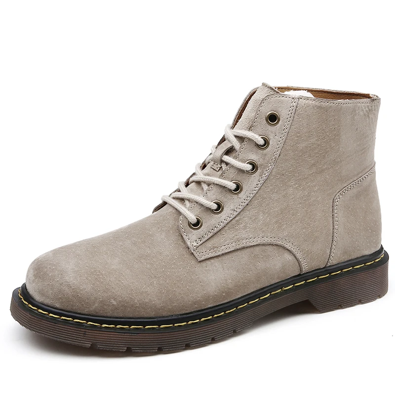 High Quality Men's High Boots Winter Shoes Men Genuine Leather Boots Winter Lace Up Men's Casual Boots - Цвет: Beige