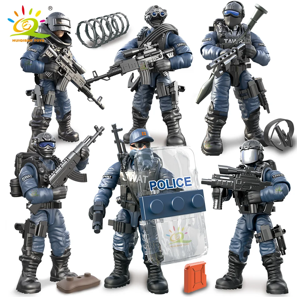 

HUIQIBAO TOYS Mini 1: 36 Military SWAT Soldier Building Blocks Moveable Jointed Figures Police Army weapon gun Bricks children