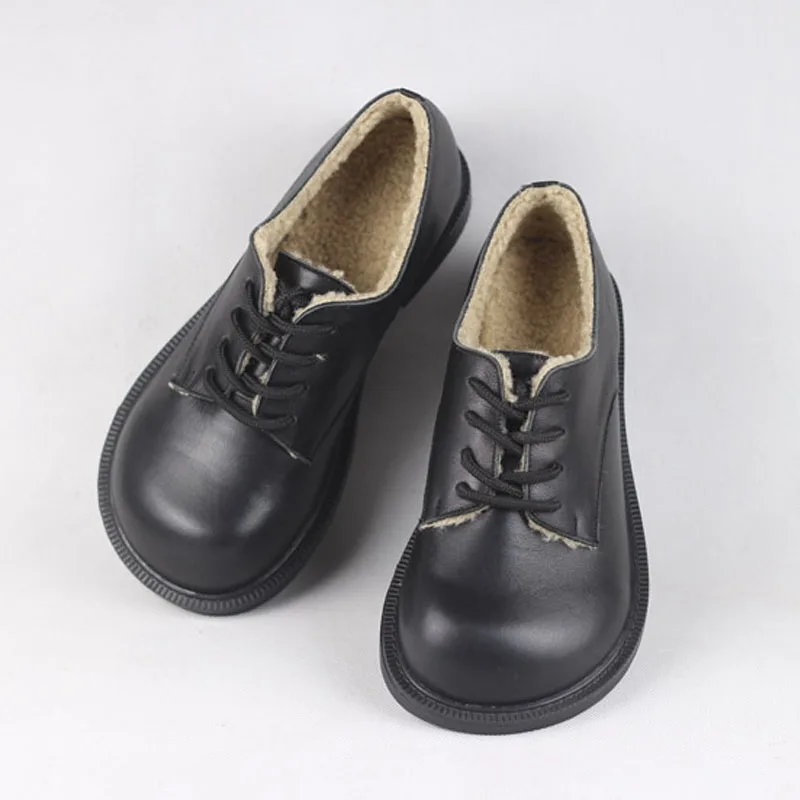 

Women's Shoes Flat Winter Fur Shoes British Style Lace up Black Flat Shoes 100% Genuine Leather Woman Shoes Wide Toe Shape