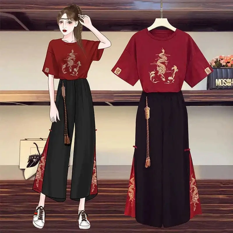 Chinese Dress Martial Arts Clothing Japanese Harajuku Tee Tops Chinese Style Tang Suit Women Casual T-Shirt Wide Leg Kung Fu Pants Set Oriental Clothing
