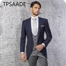 2021 New High-Quality Custom-Made Navy Blue Men's Suit Notched Lapel Wedding Tuxedo Groom 3 - Piece Suit (Coat + Pants + Vest)