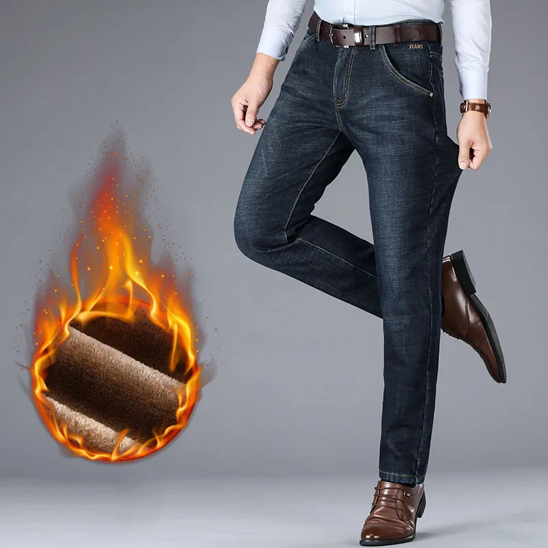 

2019 Winter Jeans Men Black blue Stretch Thick Velvet Pants Warm Jeans For Men Fashion Business Casual Fleece Trousers Male