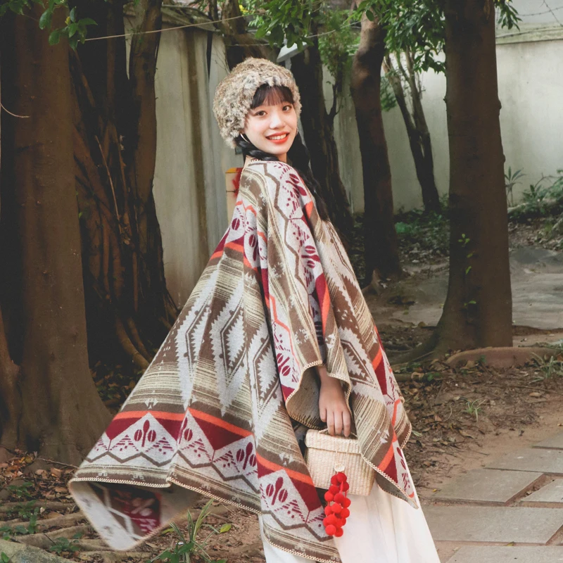 

Autumn and Winter Travel Photos Thick Warm Shawl Women's National Wind Travel Wear A Cloak Long Retro Scarf. Keep Warm Fashion
