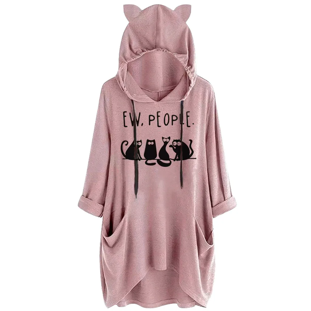 Plus Size Women Hoodies kawaii Cat Ears Hooded Sweatshirt Casual Loose With Pockets Hoody Pullover Long Sleeve Printed Sudadera