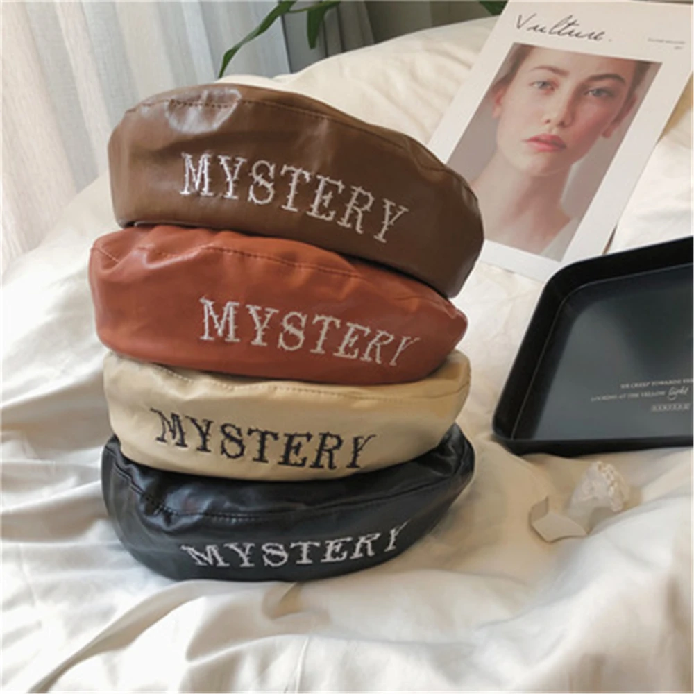 Japanese PU Leather Hat net red street shooting letter Beret Korean version versatile fashion trendsetter painter hat  WS-2413