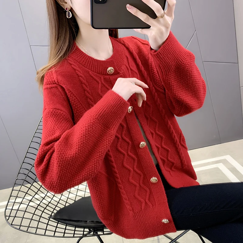 

Room 195036, row 3, No.1, top] real photo of spring dress solid round neck twist knitted cardigan 49