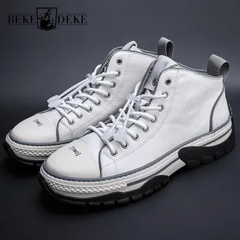 

Hip Hop British High Top Genuine Leather Mens Casual Shoes Fashion New Corss Tied Round Toe Thick Bottom Increase Male Sneakers