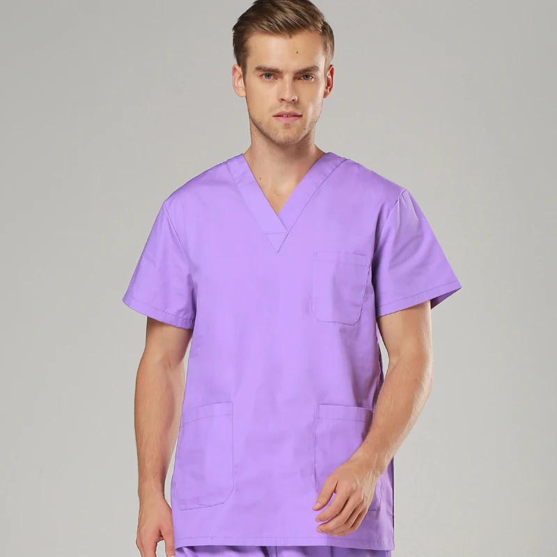 ViaoL New Fashion Shorts Sleeved Men Suits Surgical Gowns Clothes Nurse Doctor Solid Summer Hot Cotton Pants Uniform Lab Coats - Цвет: Light Purple