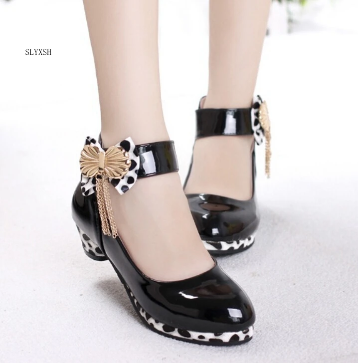 

Girls Princess Shoes 2018 New Spring PU Leather Children Wedding Shoes High Heels Bowknot Dancing Kids Dress Shoes