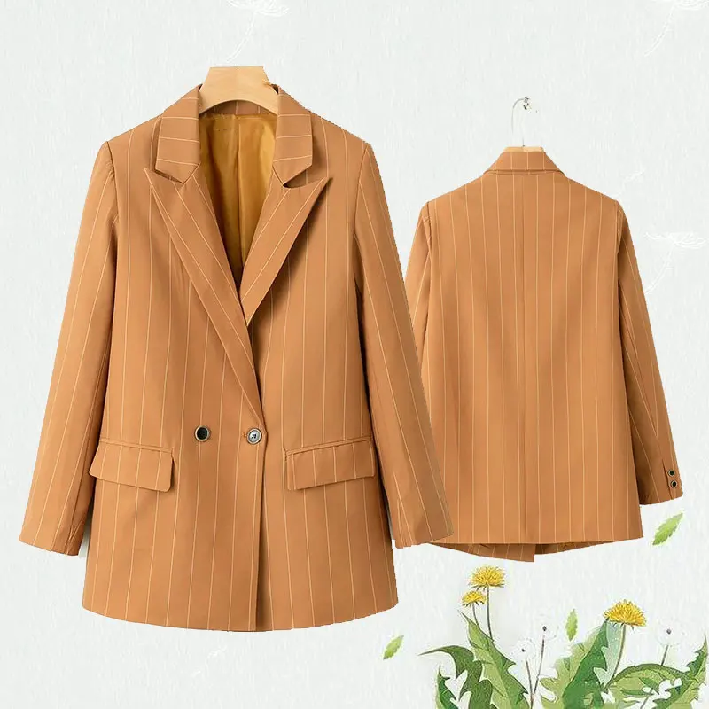 

Striped Women Twill Blazers Khaki 2019 Spring-Autumn Loose Ladies Notched Collar Suits Elegant Girls Pockets Blazer Jacket set