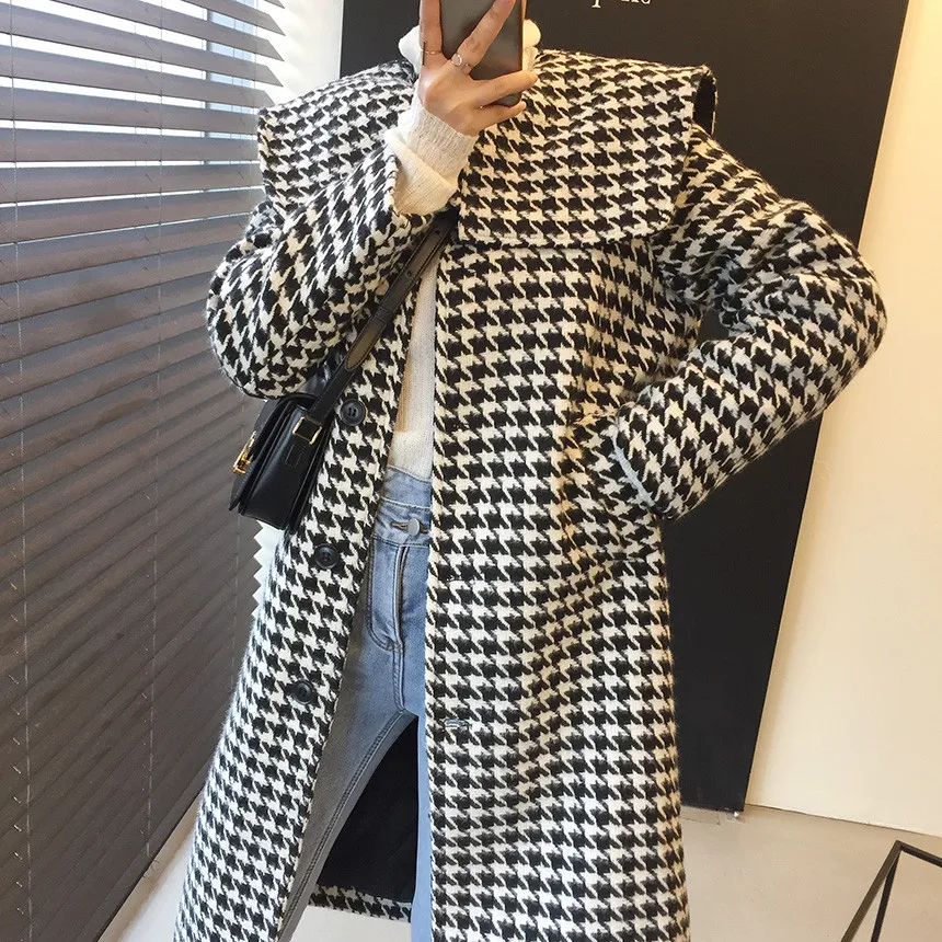 

2020 Winter Houndstooth Woolen Tweed Long Coats Jackets Women Long Sleeve Turn-down Collar Vintage Fashion Korean Tops Coats