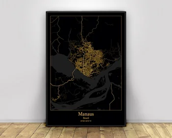 

Manaus Brazil Black&Gold City Light Maps Custom World City Map Posters Canvas Prints Nordic Style Wall Art Home Decor