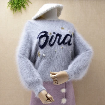 

ladies women fashion short style mink cashmere cute beading Letters long puff sleeves knit mink cashmere spring Pullover sweater