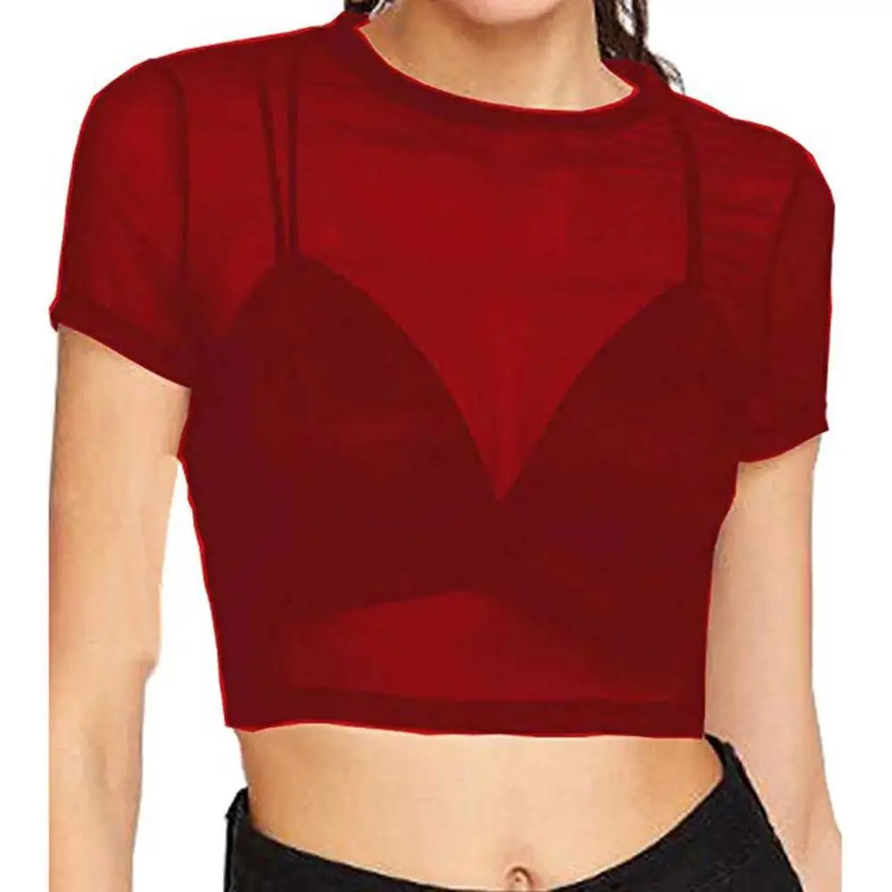 HOT Crop Top Sexy T Shirt Fashion Womens Tank Underwear Shor t Sleeve Sheer Mesh Streetwear Tees Slim Mesh See-Through Transpare - Цвет: Red Women