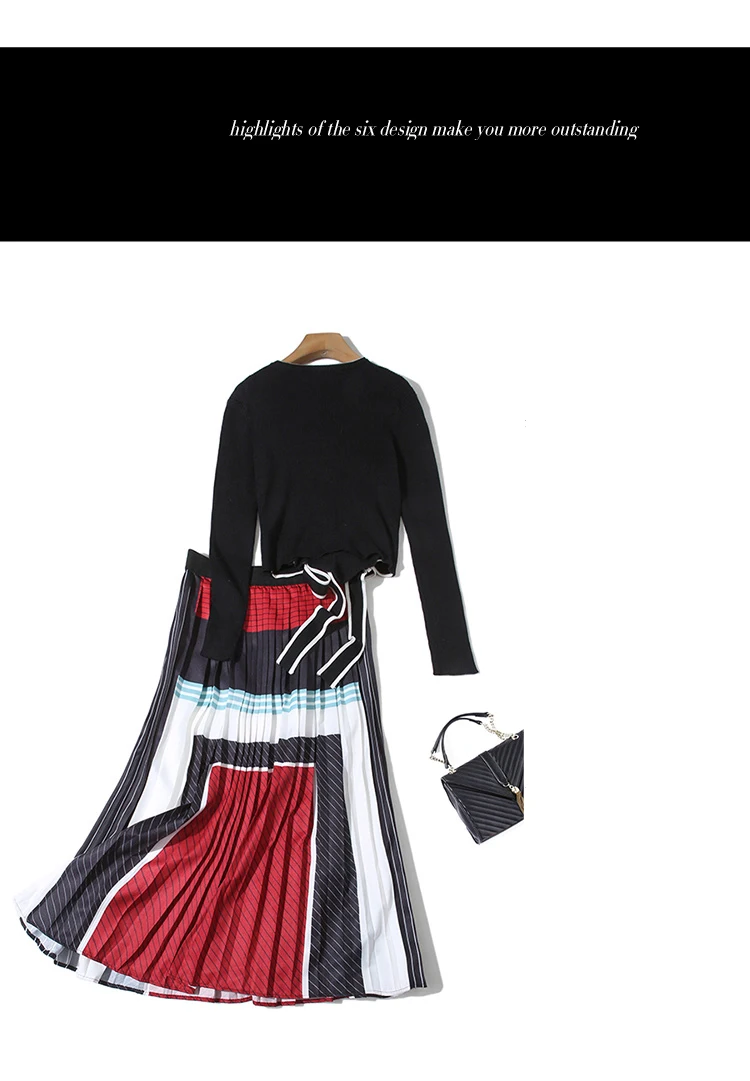 Женская одежда из 2 предметов, вязаный свитер, платье с круглым вырезом, плиссированная повседневная юбка, Модный комплект, весна и осень, S9N302Q