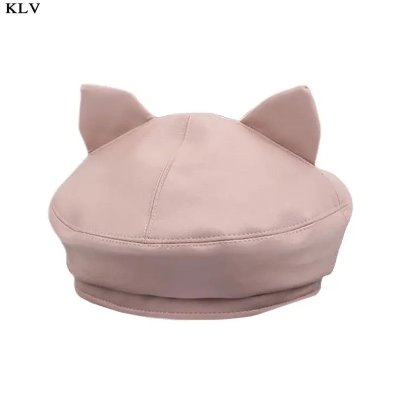 Pink Японская женская шапка с милыми кошачьими ушками, берет из искусственной кожи, одноцветная, для художника, студента, регулируемая, винтажная, Классическая, восьмиугольная шапка - Цвет: Pink