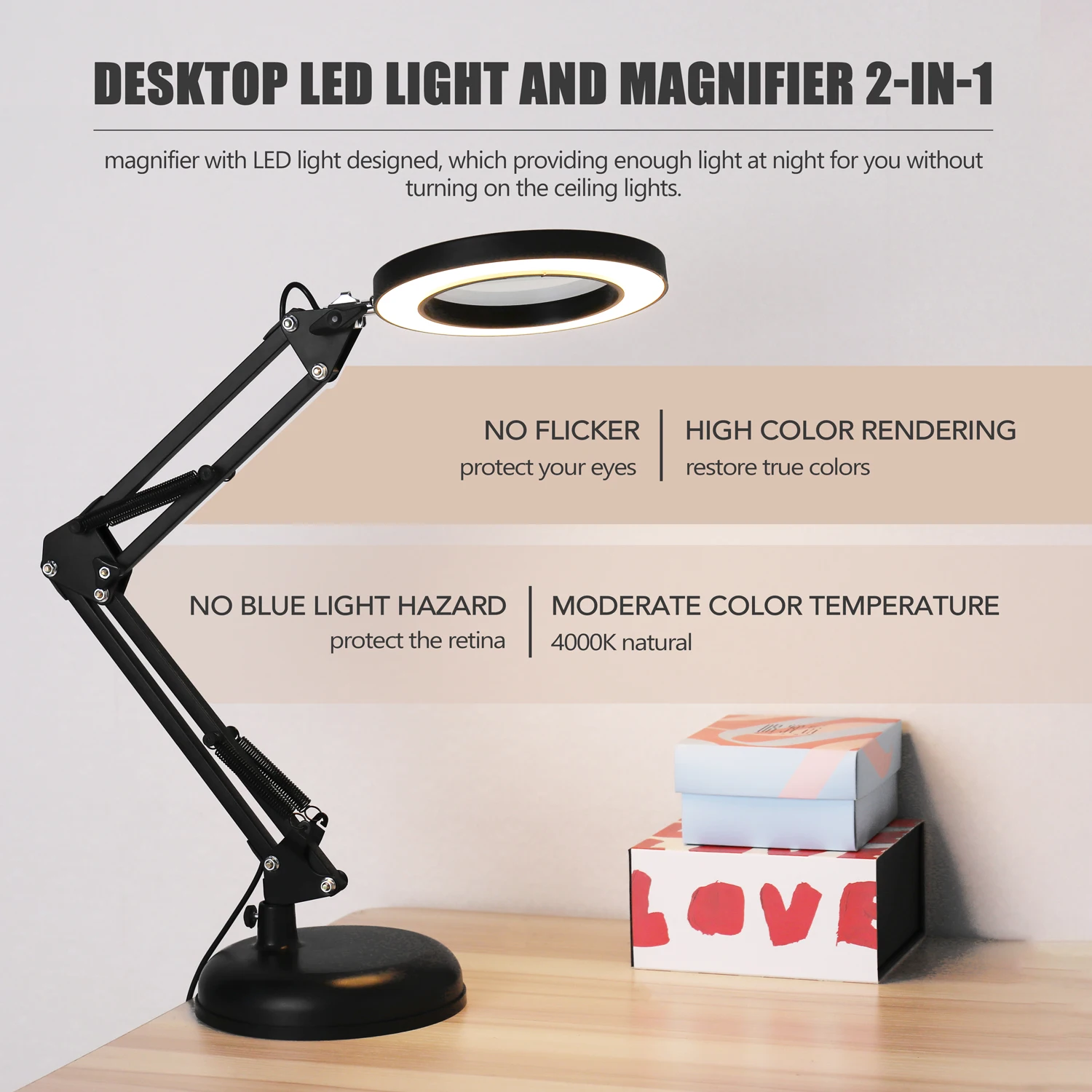 Foldable 5/8X Illuminated Magnifier USB 3 Colors LED Magnifying Glass for Soldering Iron Repair/Table Lamp/Skincare Beauty Tool