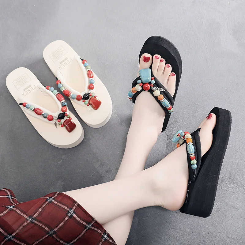 

Fashion Sweet String Beading Flip Flops Wedge Slipper 2019 New Women Summer Beach Platform Handmade Med Heel