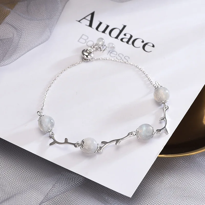 

Creative moonlight stone pure silver bracelet natural crystal jewelry Mori branch bracelet Japanese and Korean small fresh