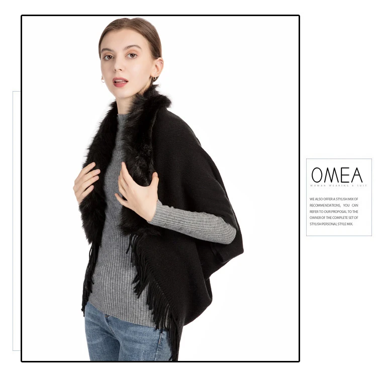 OMEA Fur Collar Poncho Women Winter Knitted Pullover Poncho with Tassel Women Shawl Solid Color Female Ponchos and Capes Ladies