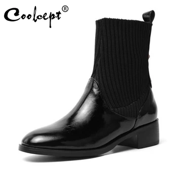 

Coolcept Women Real Leather Slip On Winter Ankle Boots Knitting Comfortable Black Short Boots Daily Work Botas Size 34-43