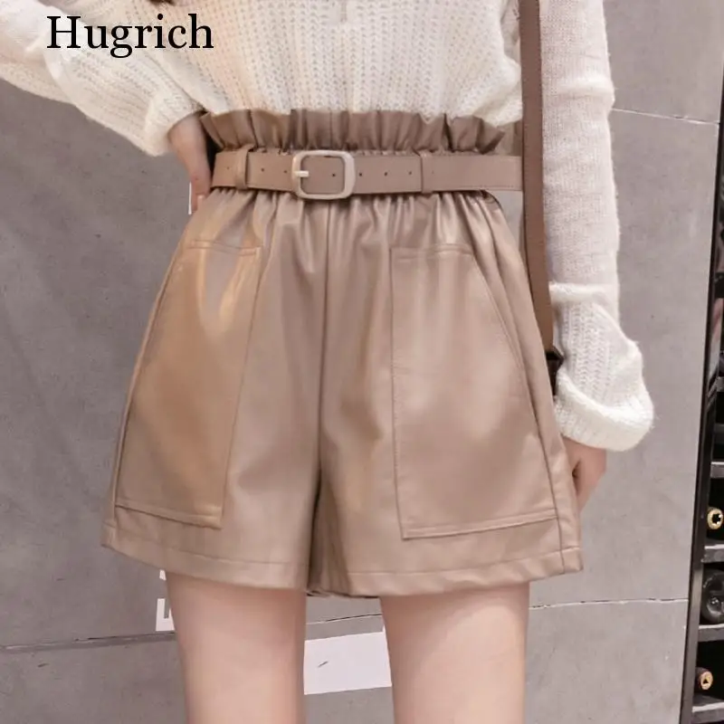 Elegant Leather Shorts Fashion High Waist Shorts Girls A-line  Bottoms Wide-legged Shorts Autumn Winter Women
