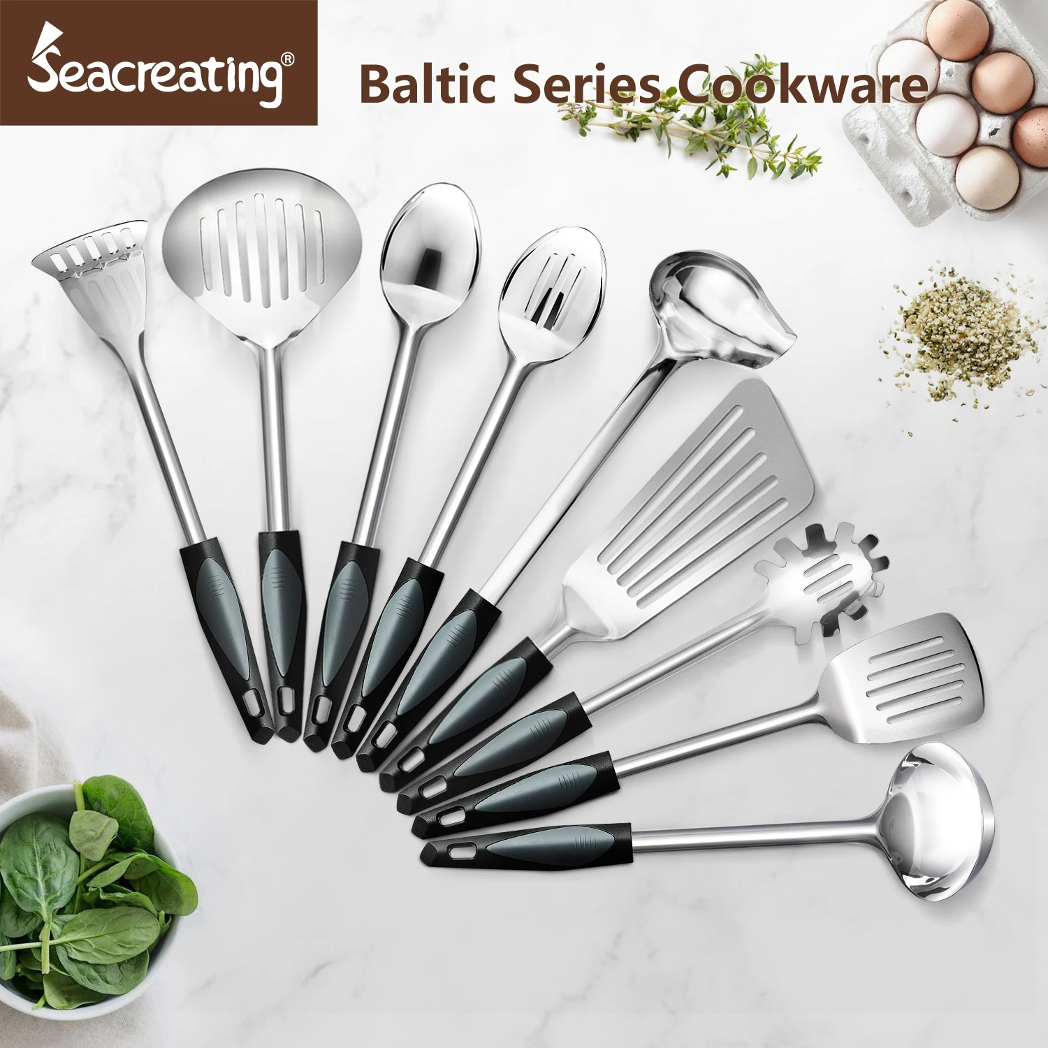 Seacreating Baltic Series Stainless Steel Utensil Set Cookware Ladel Frying Turner Spoon Skimmer Potato Masher Spaghetti Sever