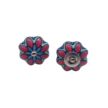

5 Piece Blue and Red Floral Printed Kitchen Furniture Handles Drawer Knobs Ceramic Cabinets Cupboard Pull Dia 40mm