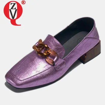 

ZVQ brand women's flats shoes autumn spring artificial patent leather Boat shoes Purple silver square toe Loafers