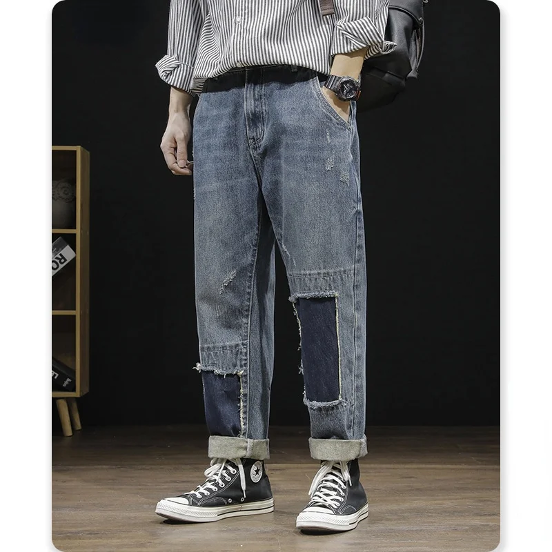 Vintage Men's Jeans Fashion Patchwork Straight Harlan Pants Streetwear Hip Hop Loose Patch Denim Trousers Male Oversized Clothes 1
