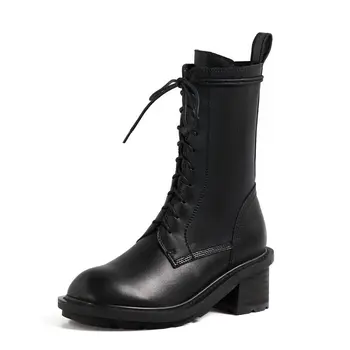 

Female Motorcycle Short Boots cow leather Women lace up Ankle Boots Party Basic Shoes Woman Newest Chunky Heels