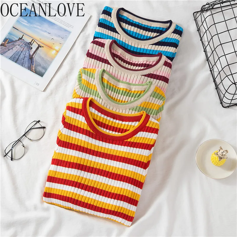 OCEANLOVE Striped Stretch Slim Rainbow Pullovers Autumn 2020 Winter Clothes Women Sweaters O Neck Bodycon Sueter Mujer 13139 | Женская