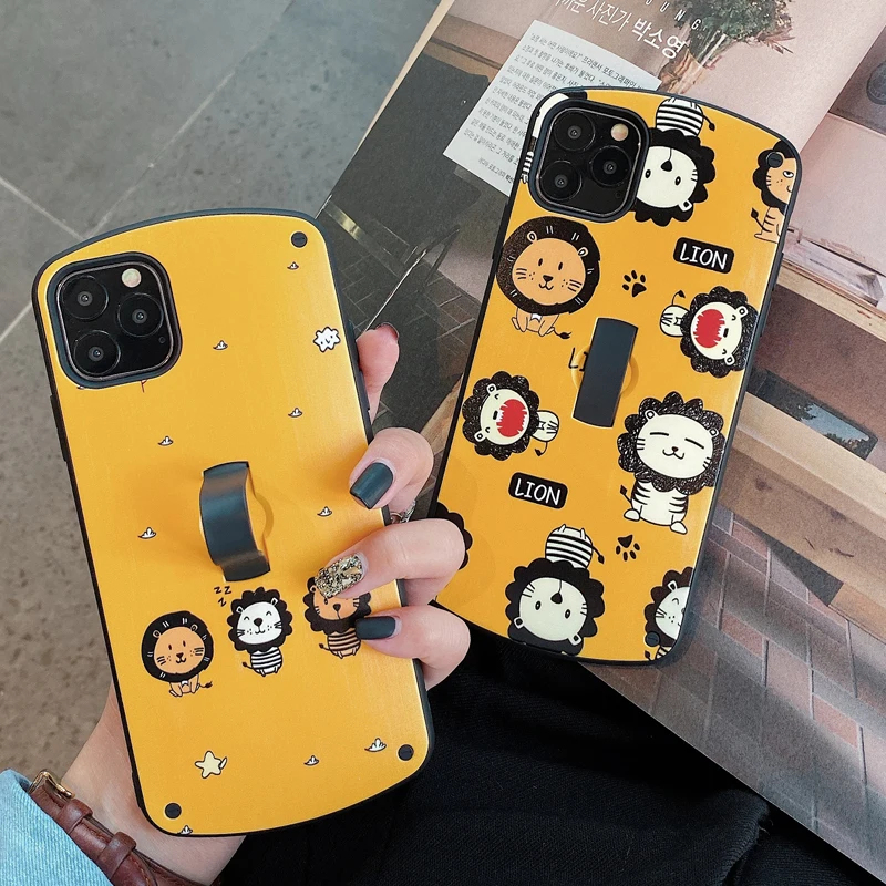 

Cute Cartoon Lion Stand Holder Phone Case for Apple iPhone 11 Pro XS Max XR X 6 6S 7 8 Plus Hide Loop Ring Holder Stand Cover
