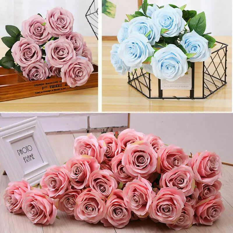 10 Heads Rose Artificial Flower Big Bouquet Silk Flower for Wedding Home Party Decoration Fake Flower Fall Decoration