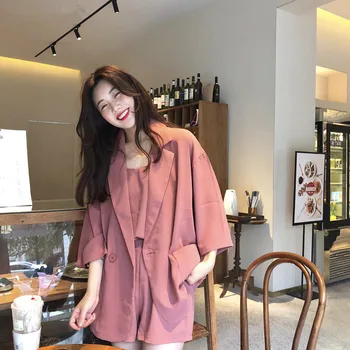 

Blazers Women Simple Elegant Korean Style Chic Loose Female Single Button Pockets Womens Leisure Three Quarter Trendy Outdoor