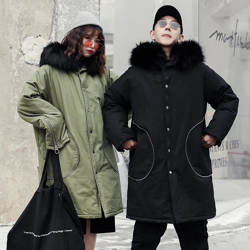 LAPPSTER Мужская Уличная зимняя куртка, длинное пальто, женская черная меховая парка в стиле хип-хоп с карманами, корейская модная дизайнерская куртка с капюшоном - Цвет: Army Green