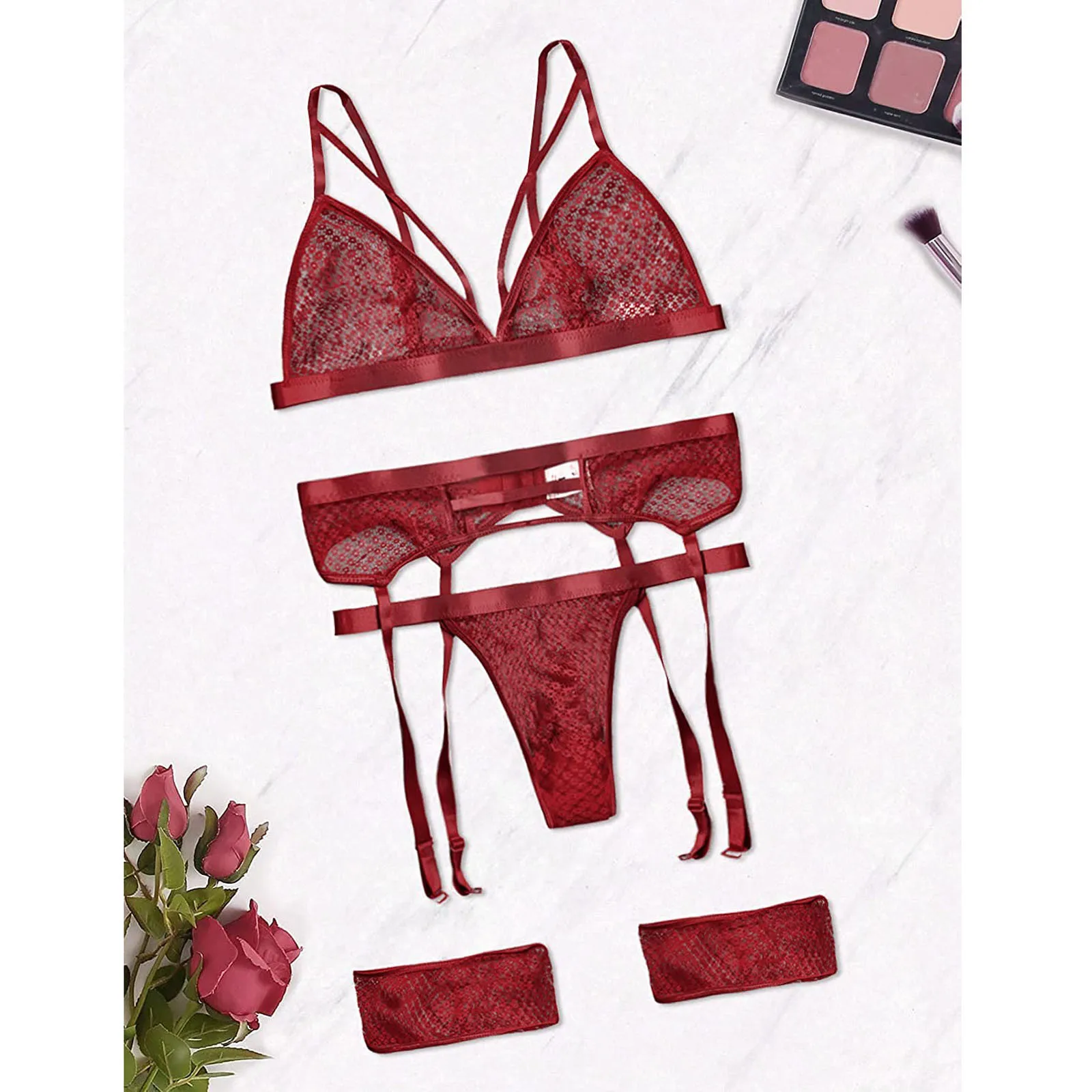 red bra and panty sets 3pcs Lingerie Set Sheer Fishnet Lace Cups Wireless Sexy Transparent Women's Underwear Longeray for Date Night эротическое бельё underwear sets sale