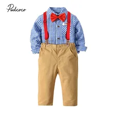 Брендовая одежда для маленьких мальчиков из 3 предметов, галстук-бабочка+ клетчатый топ+ штаны, детский комплект одежды джентльмена, Детский Школьный костюм, комплект для мальчиков на осень