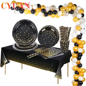 

Black Gold Dot Bronzing Paper Disposable Tableware Happy Birthday Party Decor Adult 30/40/50/60th Anniversaires Party Supplies
