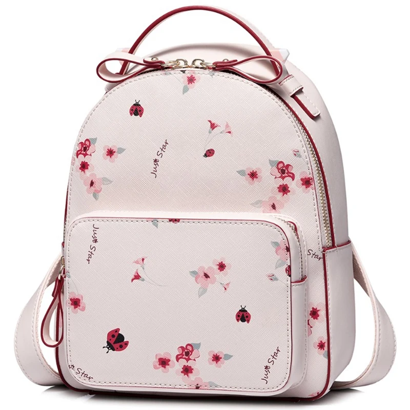 

JUST STAR PU Backpack Women Fashion Floral Print Shoulder Bag Lady Romantic Pink Spring Travel Backpack