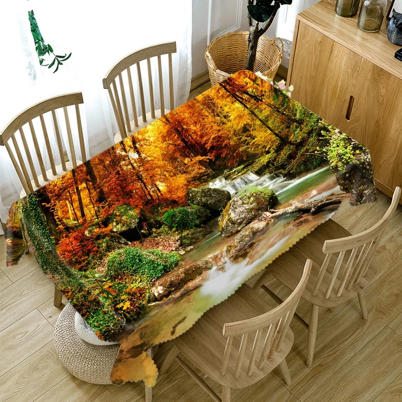 

Thicken Cotton Tablecloth 3D Autumn Forest Pattern Stream Landscape Rectangular/Round Table Cloth for Wedding Picnic Party
