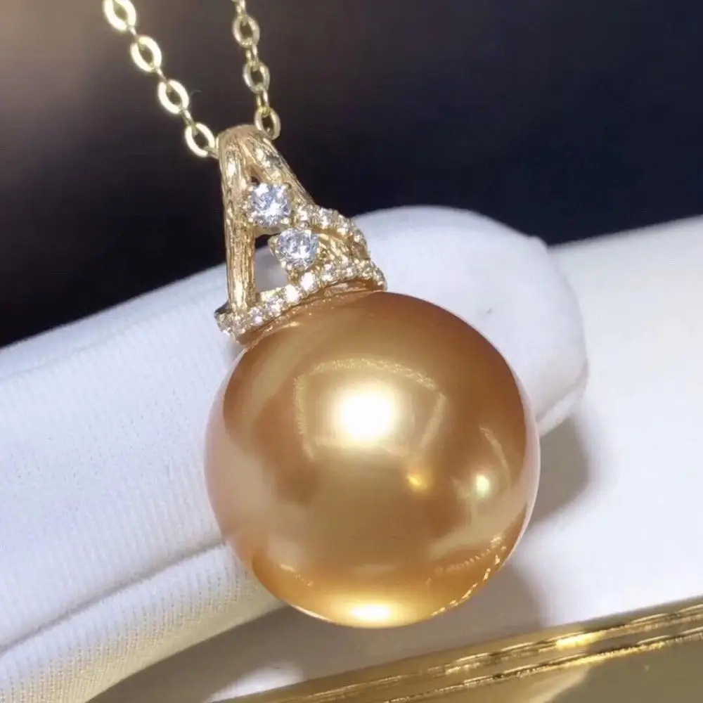 

D530 Pearl Pendant Fine Jewelry Solid 18K Gold Round 13-14mm Nature Sea Water Golden Pearls Pendants Necklaces for Women Present