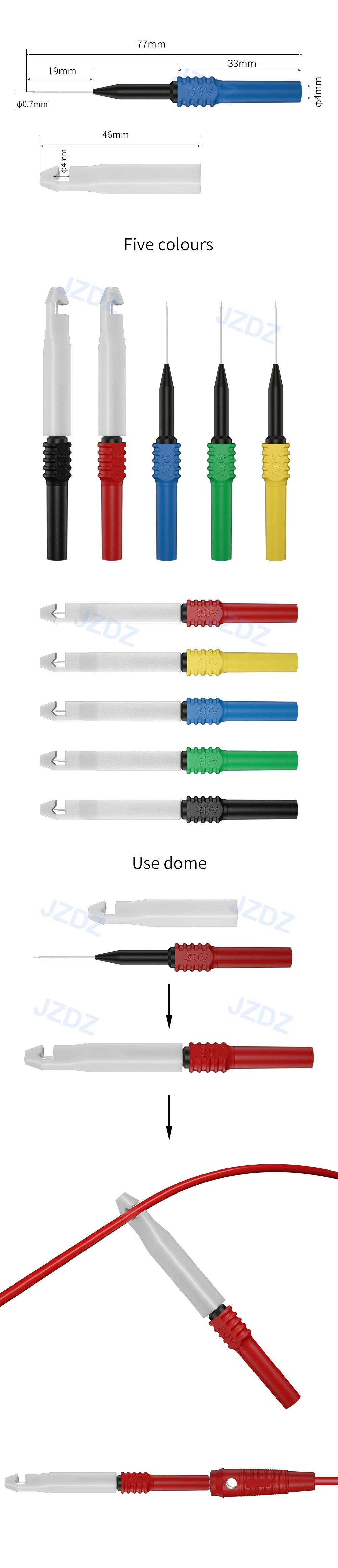 JZDZ 5 stücke Test Sonde Volle Isolierung Sicherheit Piercing Test Pin 4mm Banana Stecker Nicht-destruktiv Pucture Nadeln set J.30009H – Detail 1