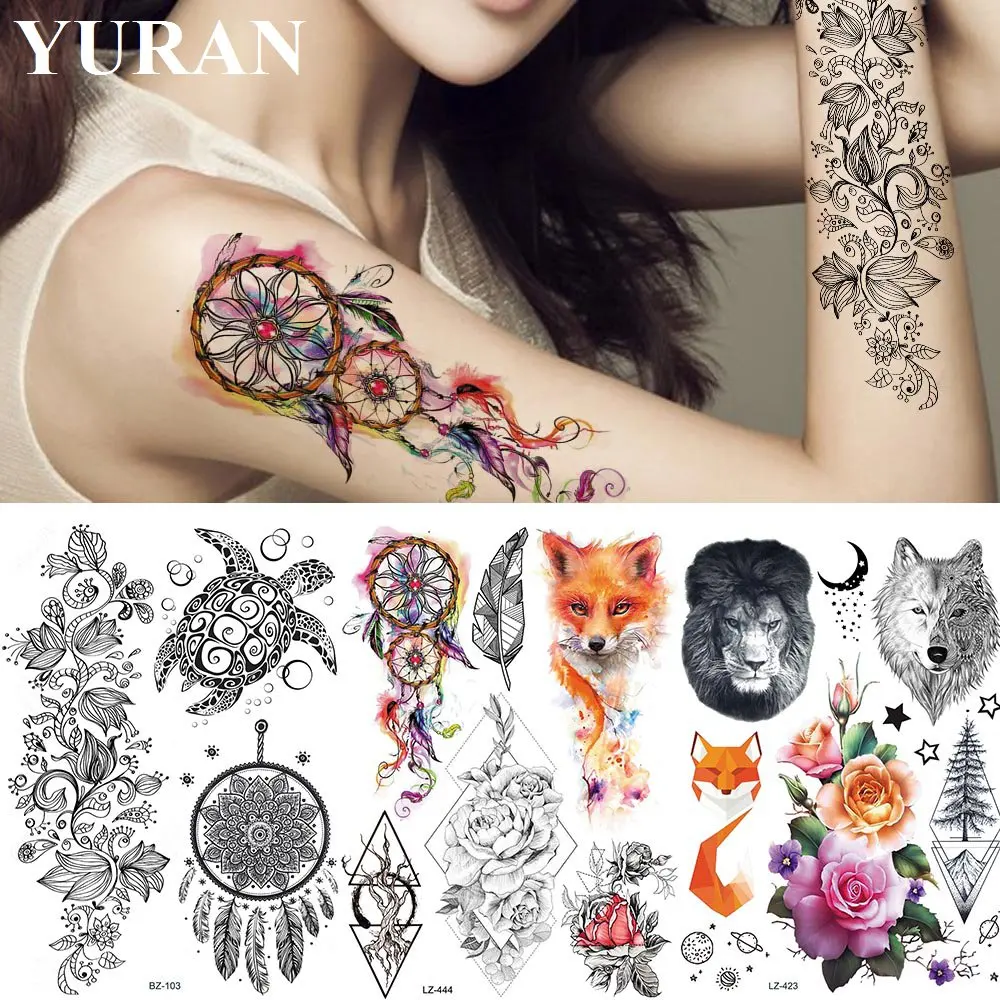 

YURAN Watercolor Dream Catcher Arm Feather Tattoos Temporary Women Geometric Flower Tatoos Stickers Fox Custom Art Fake Tattoo