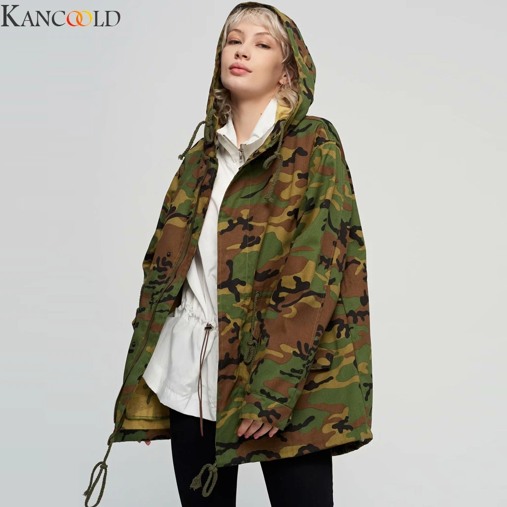 KANCOOLD, Женская армейская камуфляжная длинная куртка, мужской модный Свободный Длинный Тренч с принтом, Женское пальто с капюшоном, теплая прямая куртка